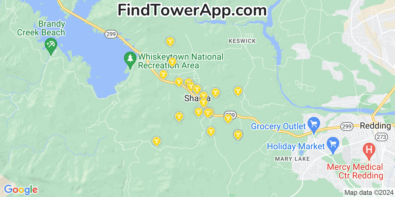 AT&T 4G/5G cell tower coverage map Shasta, California