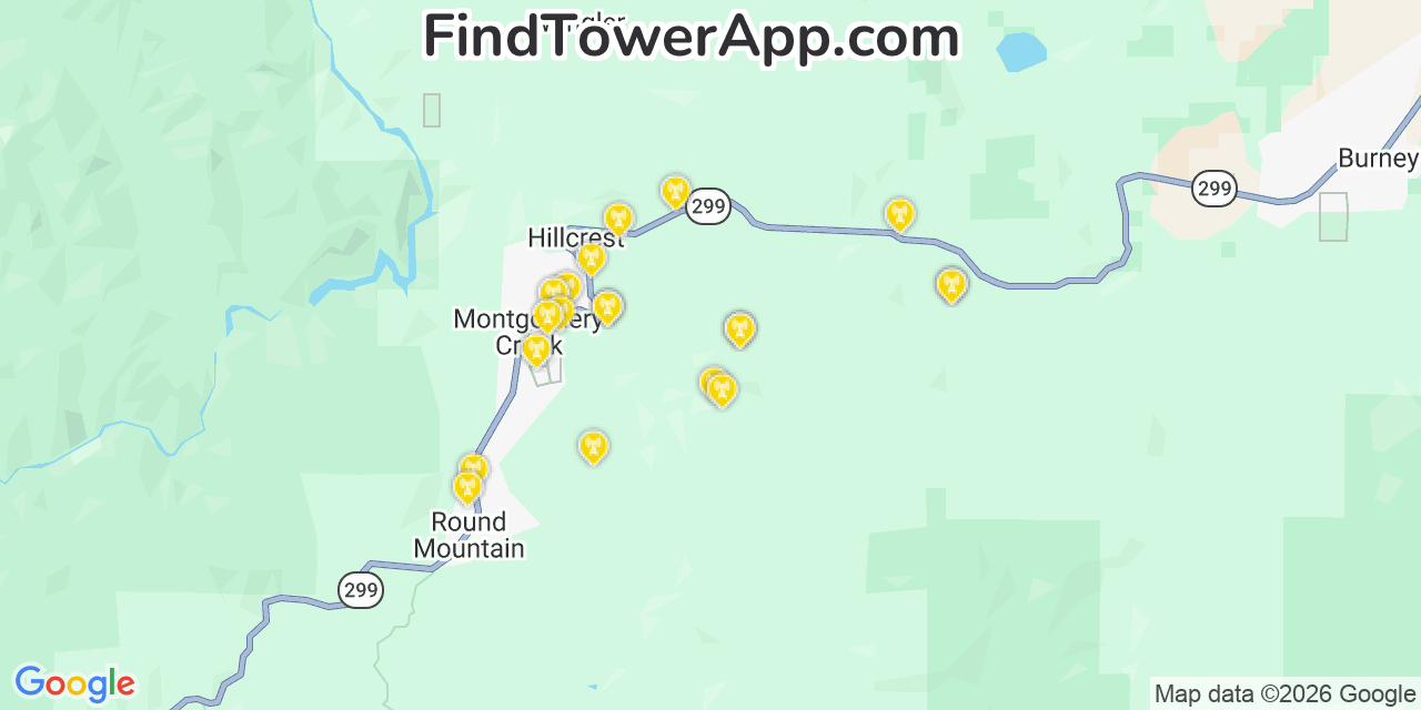 Map showing the 20 primary cell tower locations detected in Shasta, California from AT&T, Verizon, and T-Mobile networks