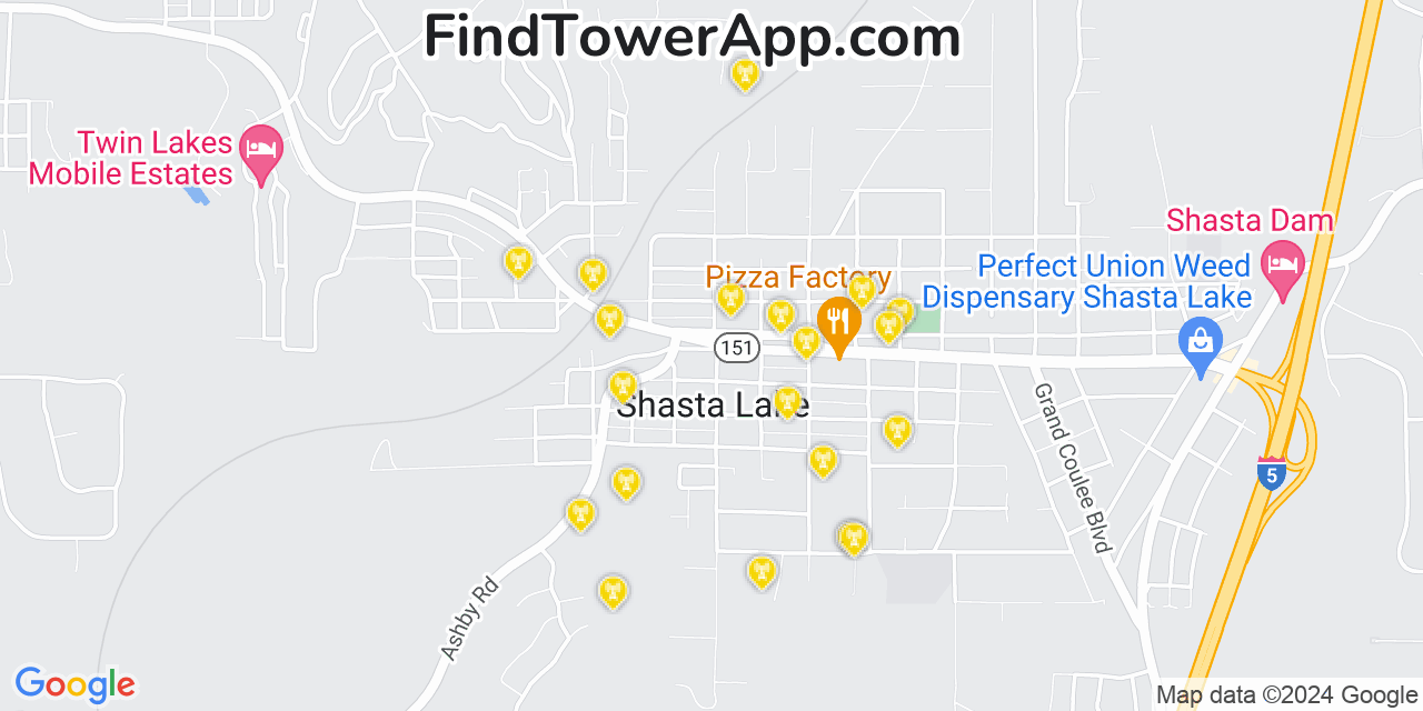 AT&T 4G/5G cell tower coverage map Shasta Lake, California