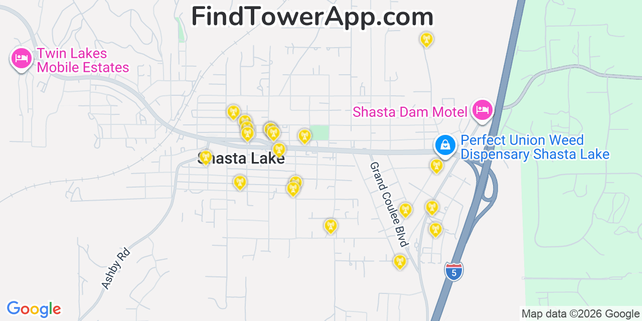 Map showing the 20 primary cell tower locations detected in Shasta Lake, California from AT&T, Verizon, and T-Mobile networks