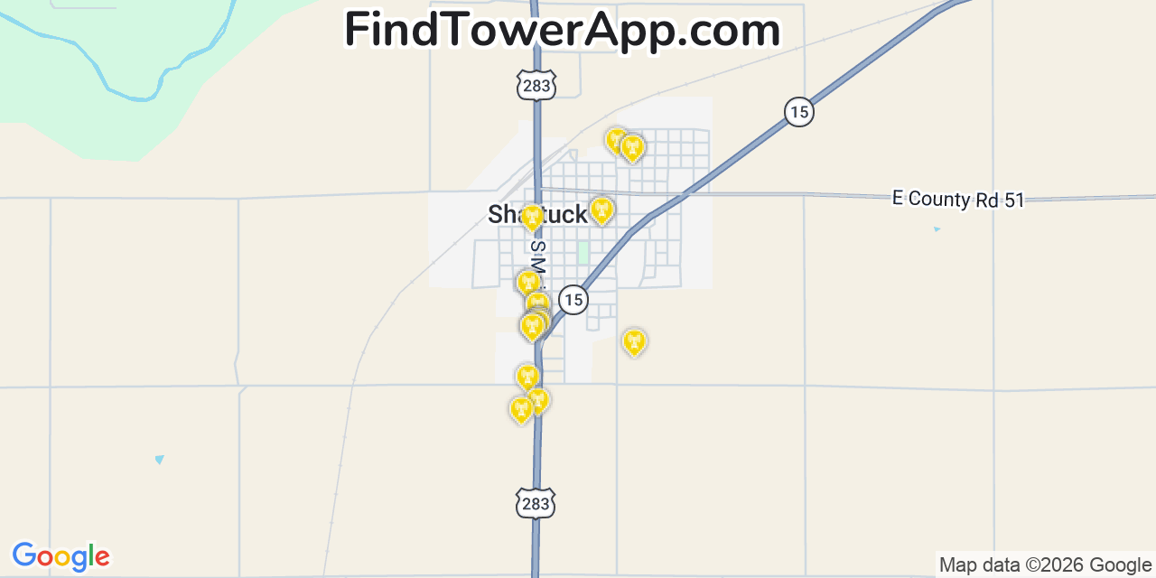 Map showing the 20 primary cell tower locations detected in Shattuck, Oklahoma from AT&T, Verizon, and T-Mobile networks