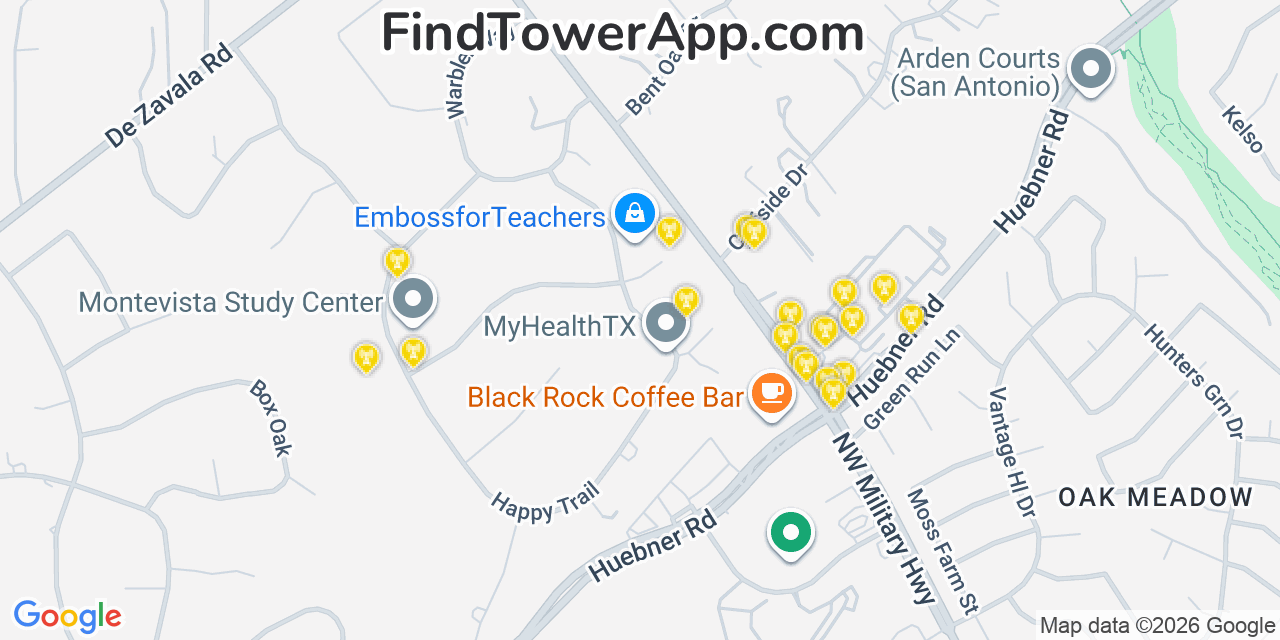 Map showing the 20 primary cell tower locations detected in Shavano Park, Texas from AT&T, Verizon, and T-Mobile networks