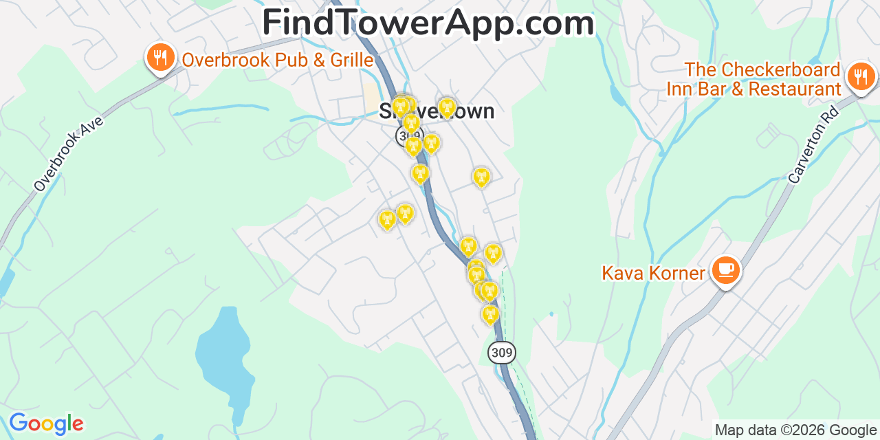 Map showing the 20 primary cell tower locations detected in Shavertown, Pennsylvania from AT&T, Verizon, and T-Mobile networks