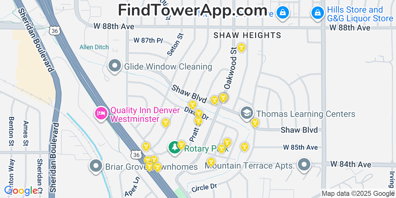Map showing the 20 primary cell tower locations detected in Shaw Heights, Colorado from AT&T, Verizon, and T-Mobile networks