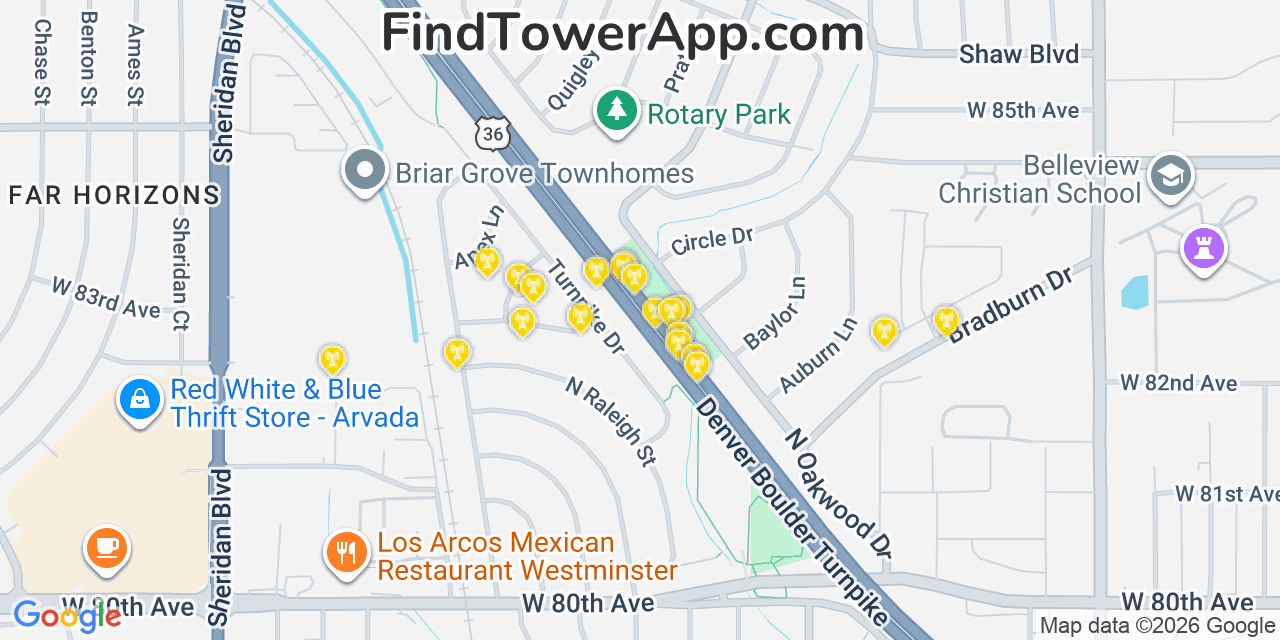 Map showing the 20 primary cell tower locations detected in Shaw Heights, Colorado from AT&T, Verizon, and T-Mobile networks