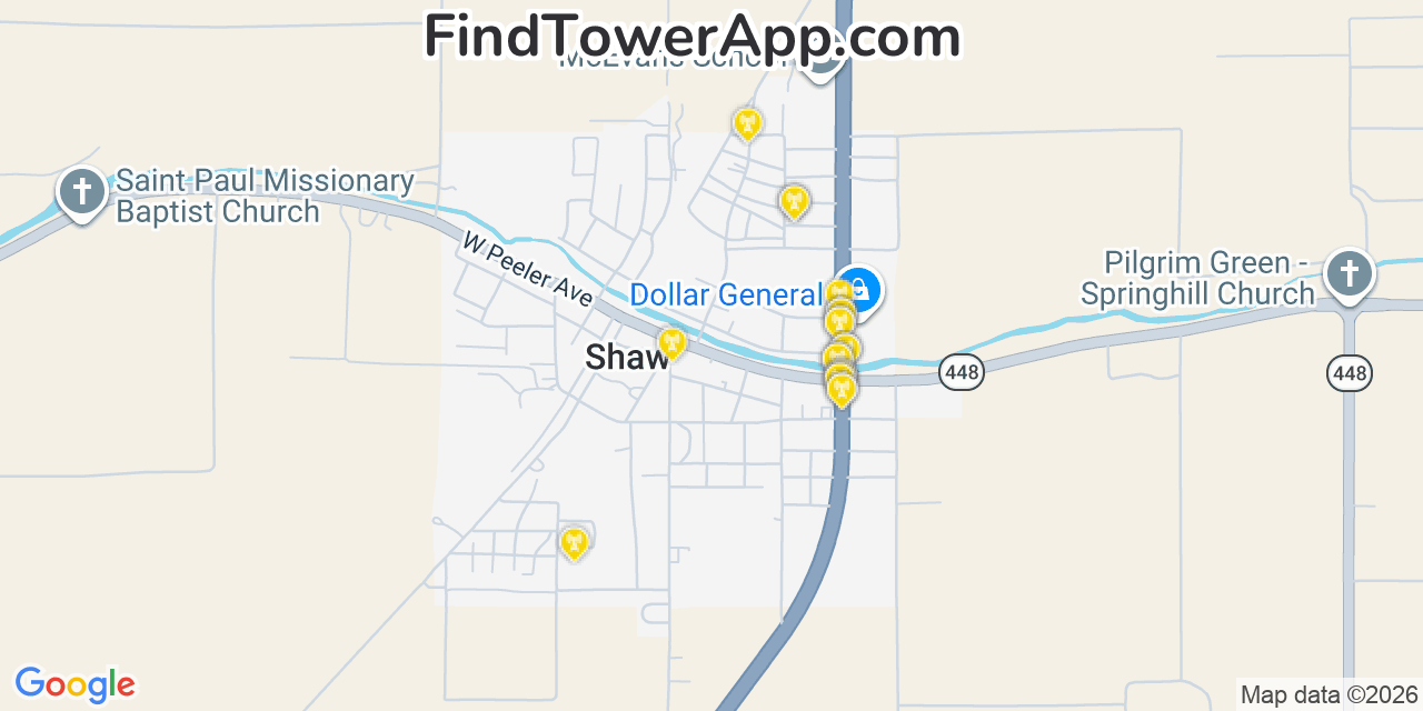 Map showing the 20 primary cell tower locations detected in Shaw, Mississippi from AT&T, Verizon, and T-Mobile networks