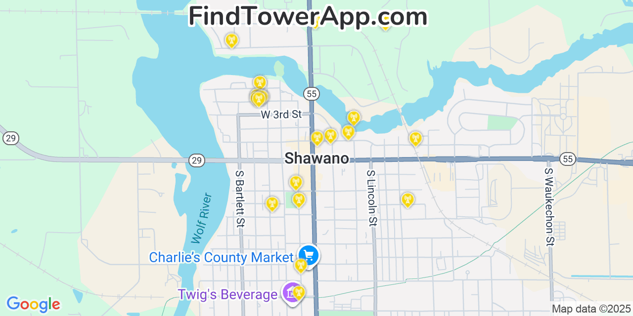 Map showing the 20 primary cell tower locations detected in Shawano, Wisconsin from AT&T, Verizon, and T-Mobile networks