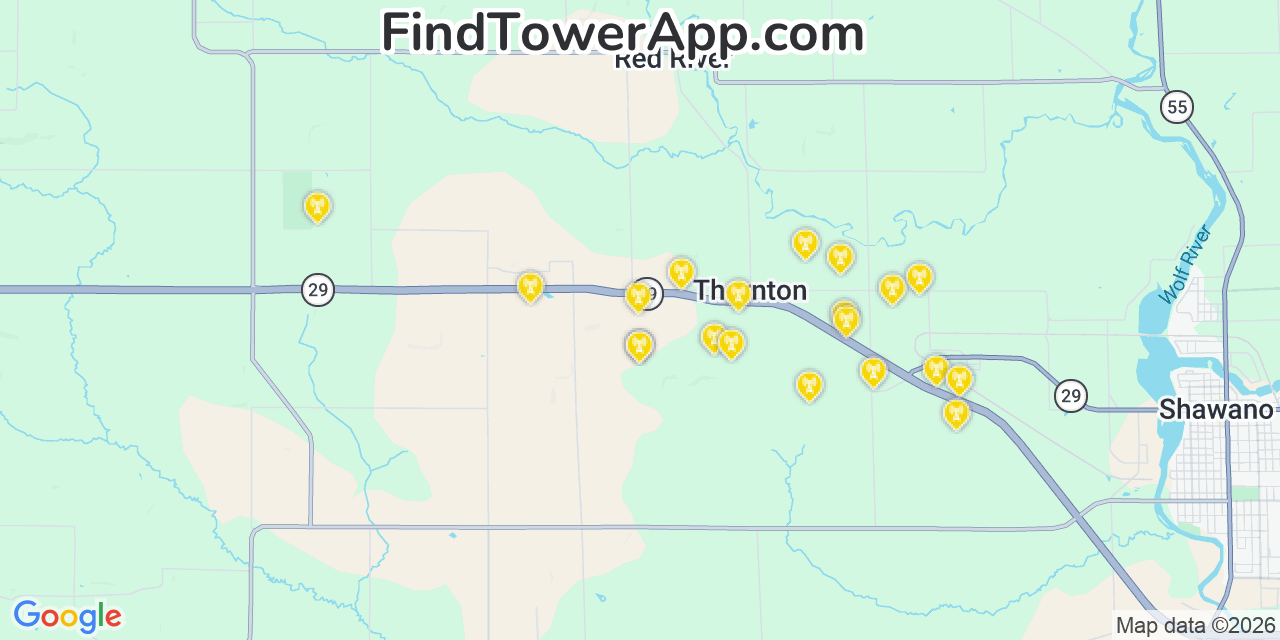 Map showing the 20 primary cell tower locations detected in Shawano, Wisconsin from AT&T, Verizon, and T-Mobile networks