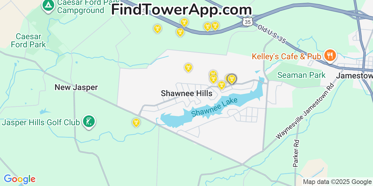 Map showing the 20 primary cell tower locations detected in Shawnee Hills, Ohio from AT&T, Verizon, and T-Mobile networks