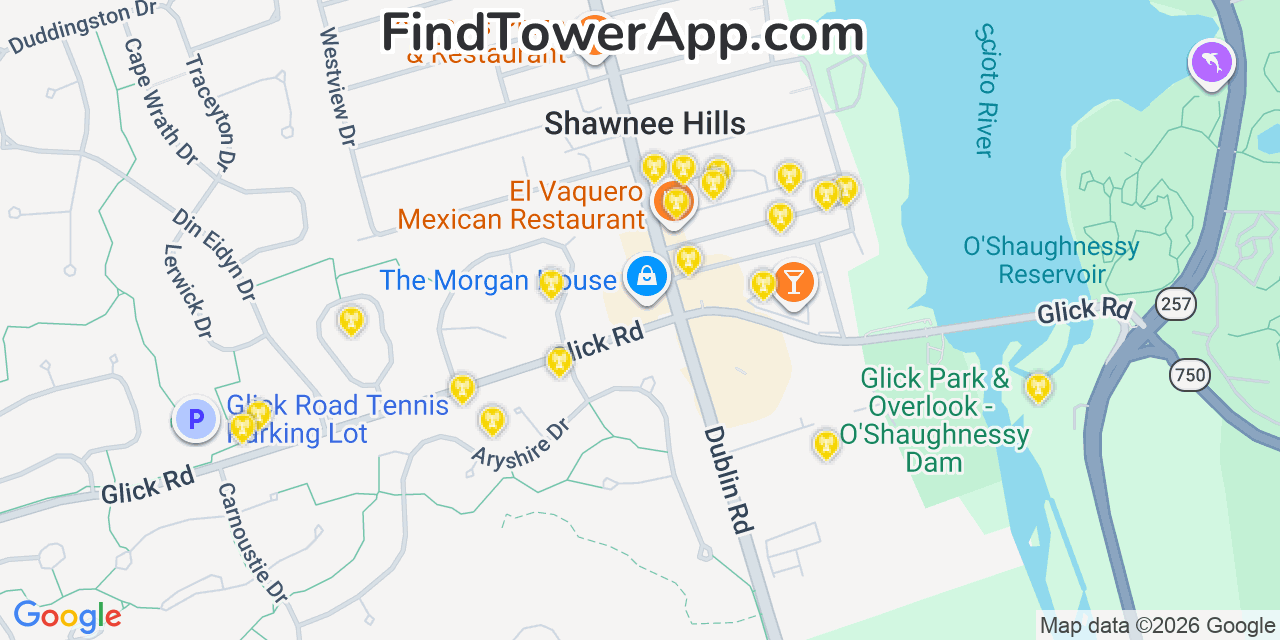 Map showing the 20 primary cell tower locations detected in Shawnee Hills, Ohio from AT&T, Verizon, and T-Mobile networks