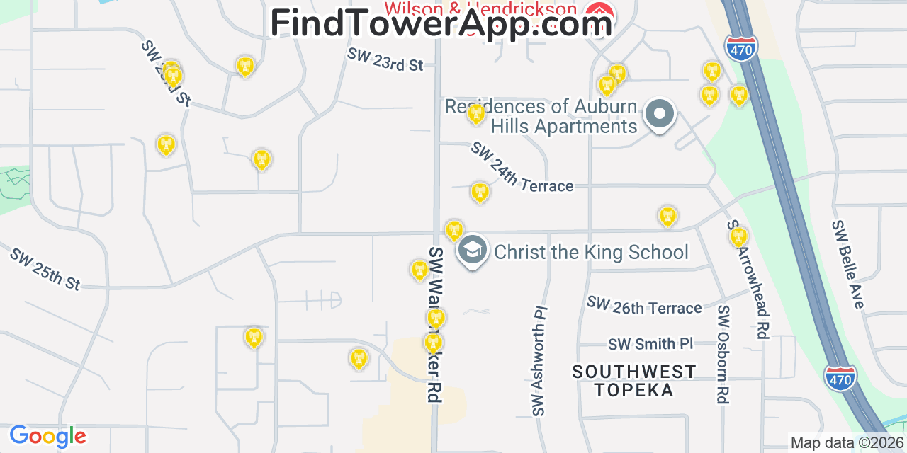 Map showing the 20 primary cell tower locations detected in Shawnee, Kansas from AT&T, Verizon, and T-Mobile networks