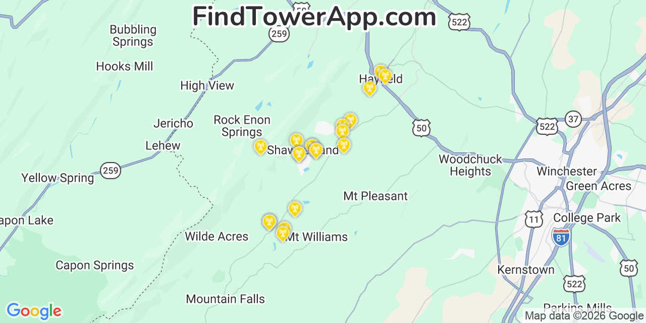 Map showing the 20 primary cell tower locations detected in Shawnee Land, Virginia from AT&T, Verizon, and T-Mobile networks
