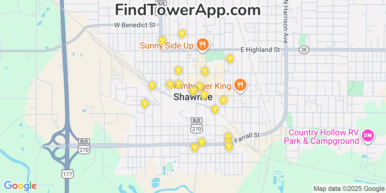 Map showing the 20 primary cell tower locations detected in Shawnee, Oklahoma from AT&T, Verizon, and T-Mobile networks