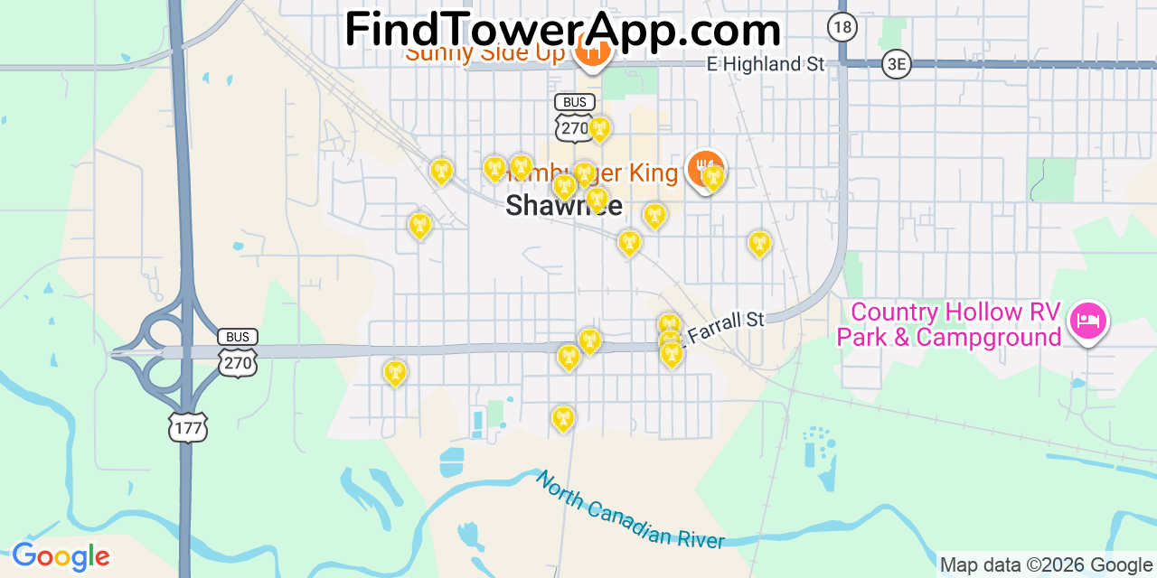Map showing the 20 primary cell tower locations detected in Shawnee, Oklahoma from AT&T, Verizon, and T-Mobile networks