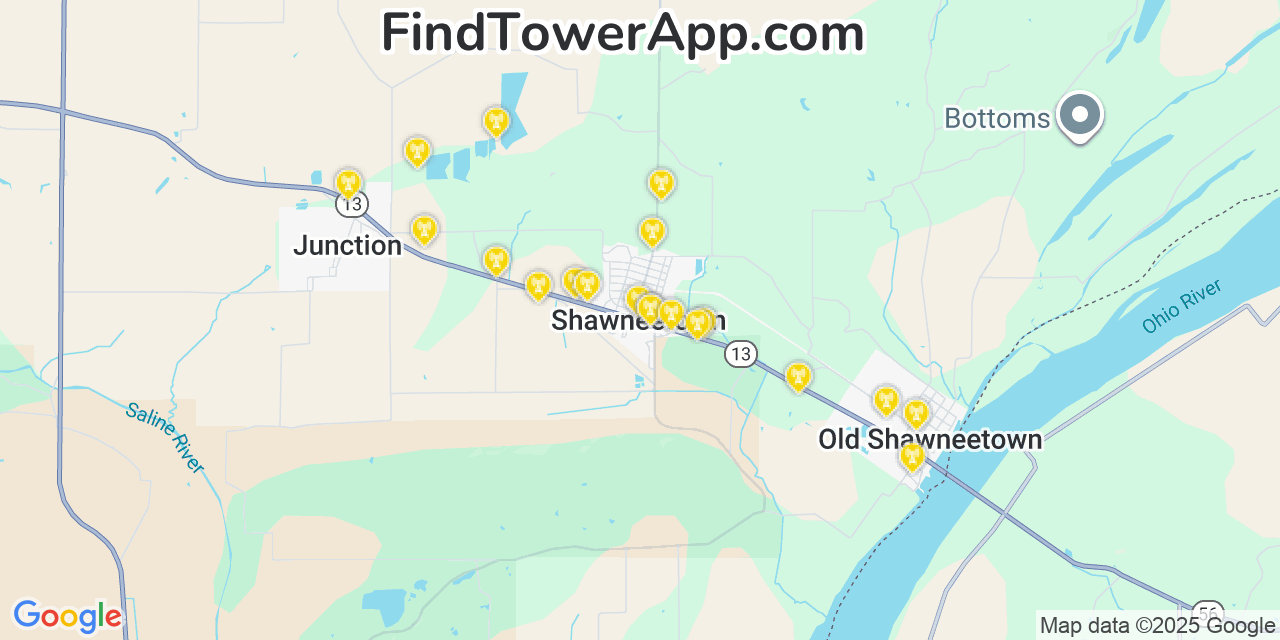 Map showing the 20 primary cell tower locations detected in Shawneetown, Illinois from AT&T, Verizon, and T-Mobile networks
