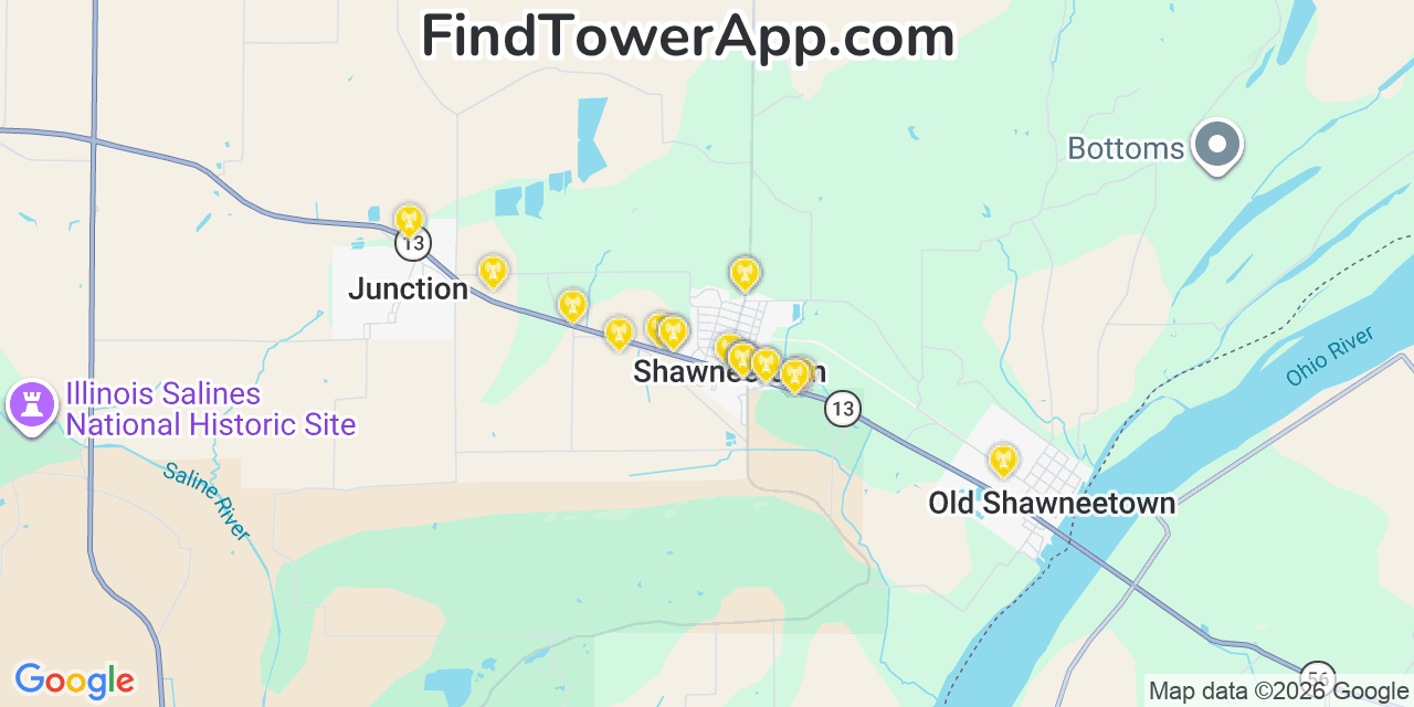 Map showing the 20 primary cell tower locations detected in Shawneetown, Illinois from AT&T, Verizon, and T-Mobile networks