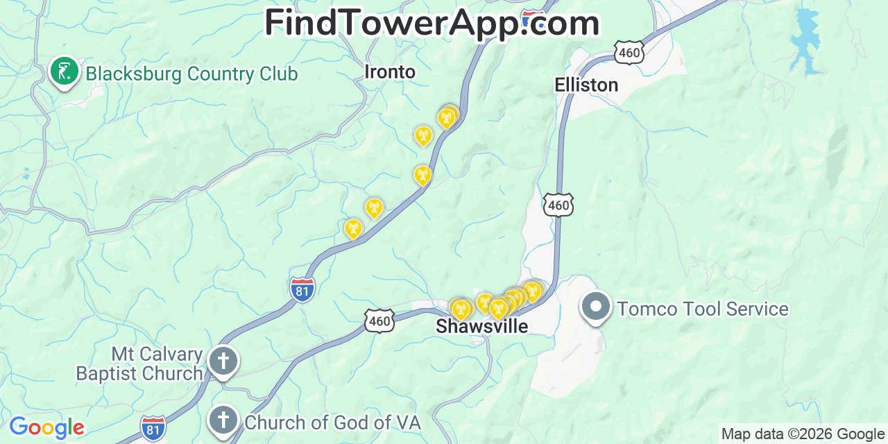 Map showing the 20 primary cell tower locations detected in Shawsville, Virginia from AT&T, Verizon, and T-Mobile networks