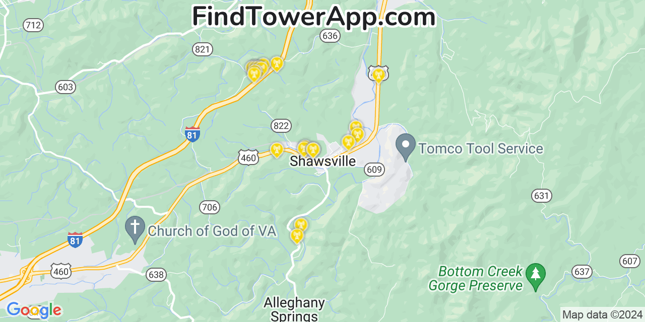 Verizon 4G/5G cell tower coverage map Shawsville, Virginia