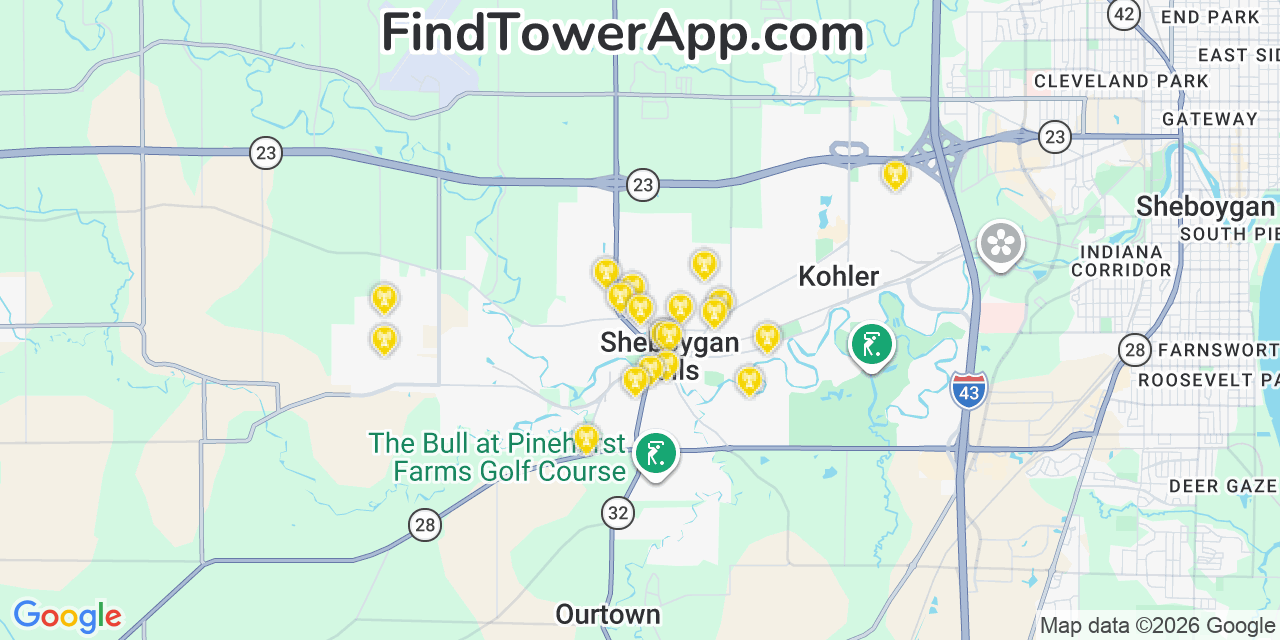 Map showing the 20 primary cell tower locations detected in Sheboygan Falls, Wisconsin from AT&T, Verizon, and T-Mobile networks
