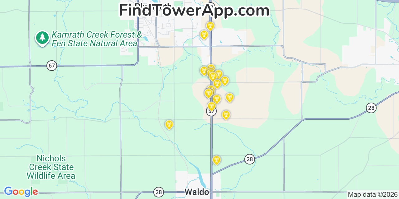 Map showing the 20 primary cell tower locations detected in Sheboygan, Wisconsin from AT&T, Verizon, and T-Mobile networks