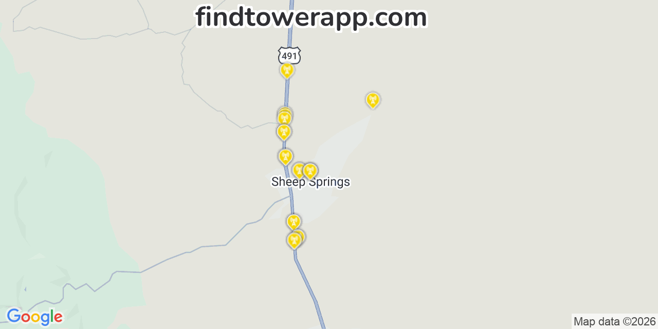 Map showing the 20 primary cell tower locations detected in Sheep Springs, New Mexico from AT&T, Verizon, and T-Mobile networks