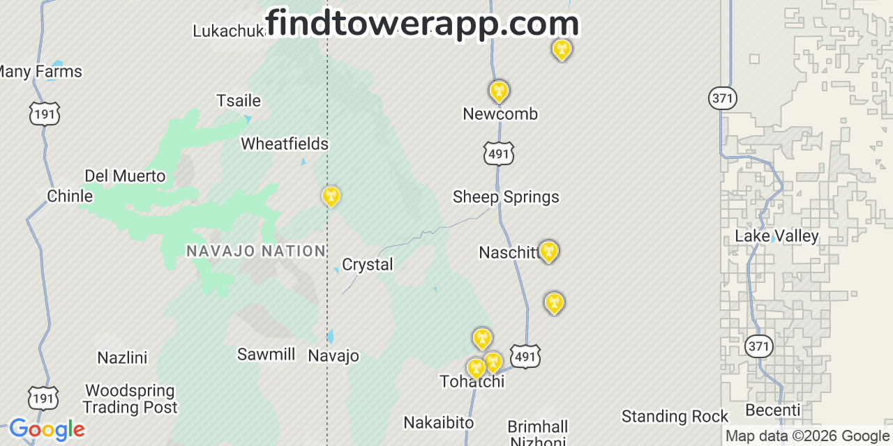 Map showing the 26 primary T-Mobile cell tower locations detected in Sheep Springs, New Mexico with coverage radius and signal strength indicators