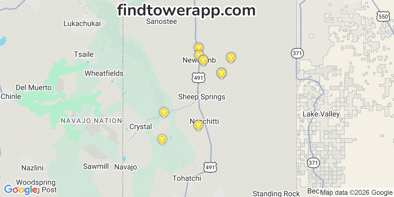 Map showing the 24 primary Verizon cell tower locations detected in Sheep Springs, New Mexico with coverage radius and signal strength indicators