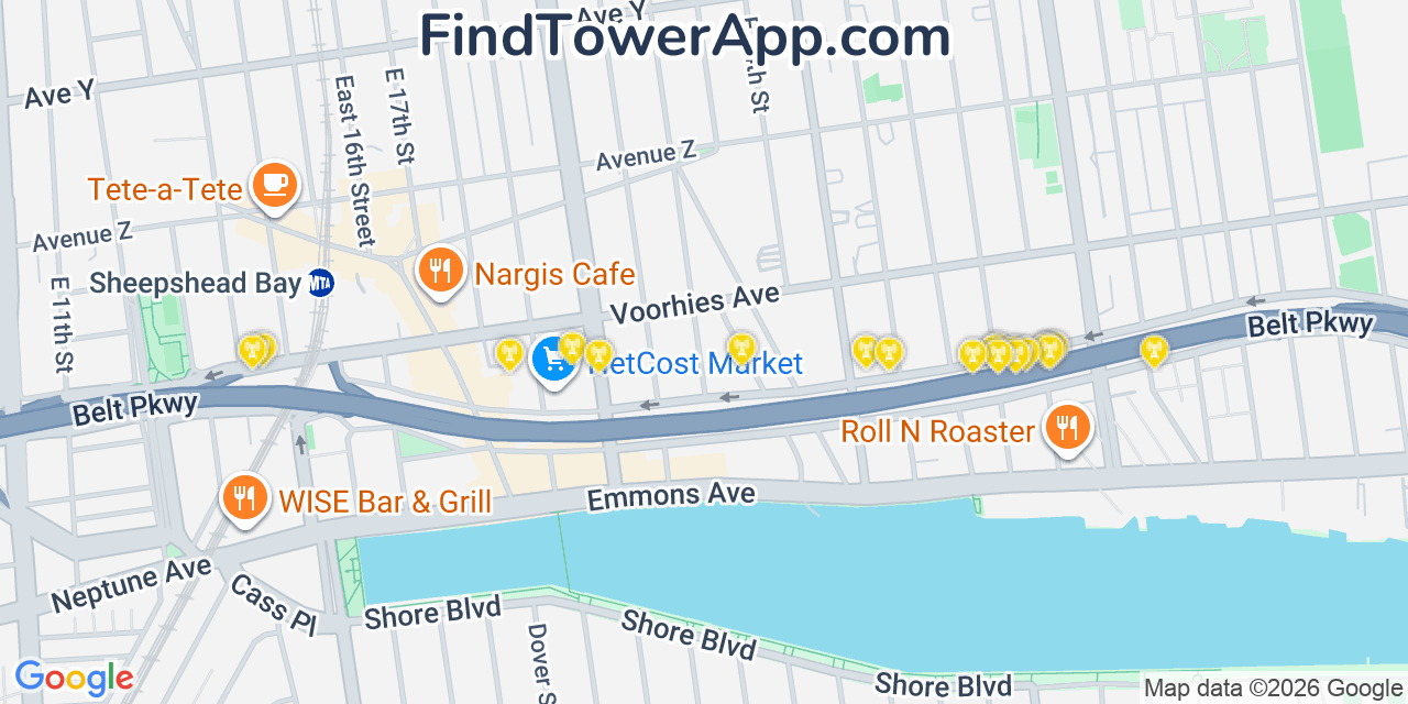 Map showing the 20 primary cell tower locations detected in Sheepshead Bay, New York from AT&T, Verizon, and T-Mobile networks