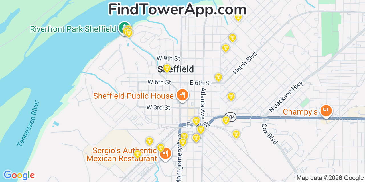 Map showing the 20 primary cell tower locations detected in Sheffield, Alabama from AT&T, Verizon, and T-Mobile networks