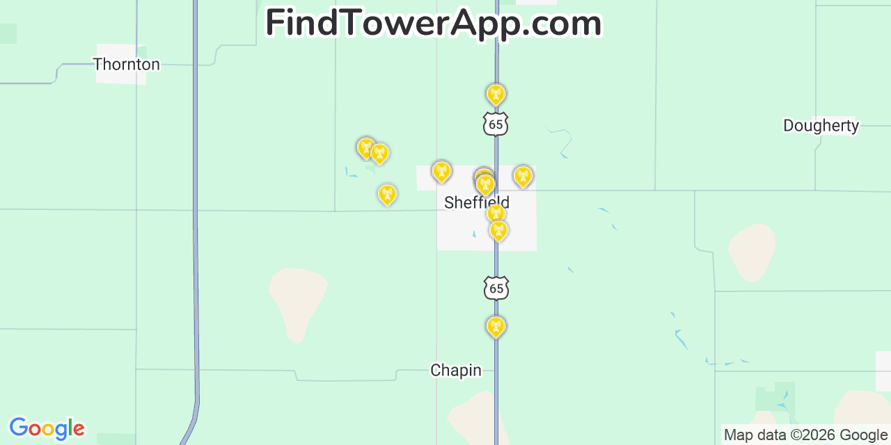 Map showing the 20 primary cell tower locations detected in Sheffield, Iowa from AT&T, Verizon, and T-Mobile networks