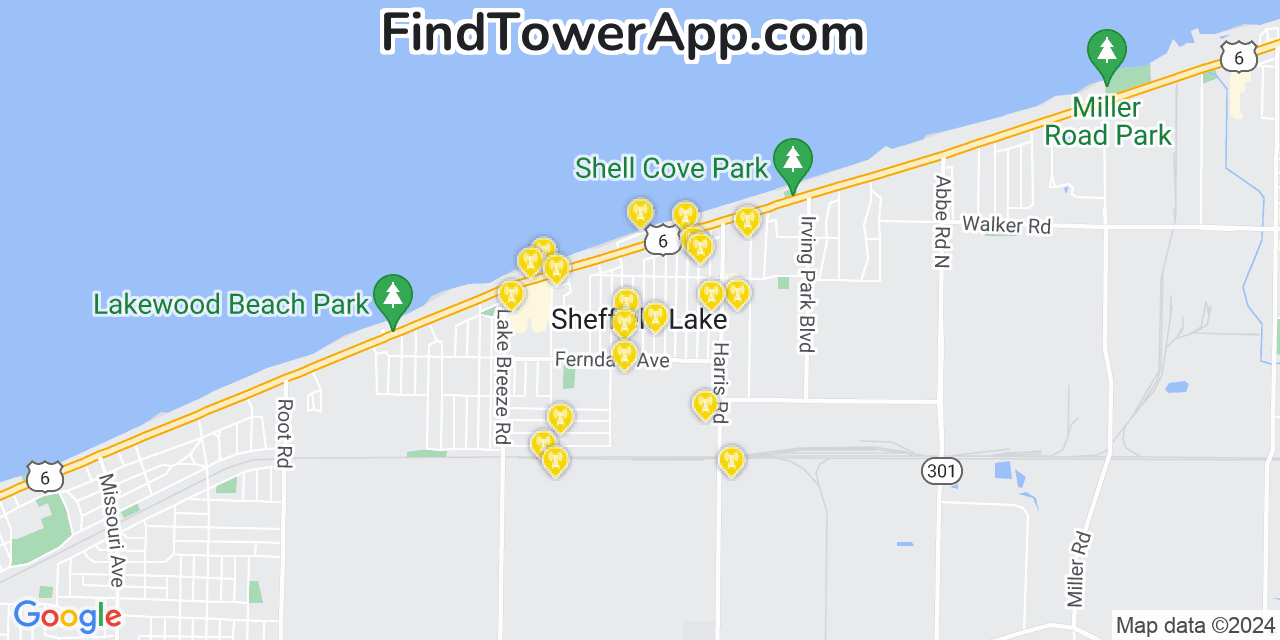 AT&T 4G/5G cell tower coverage map Sheffield Lake, Ohio