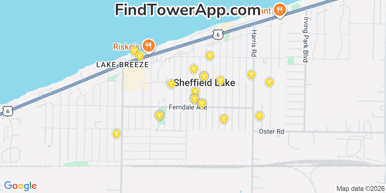 Map showing the 20 primary cell tower locations detected in Sheffield Lake, Ohio from AT&T, Verizon, and T-Mobile networks