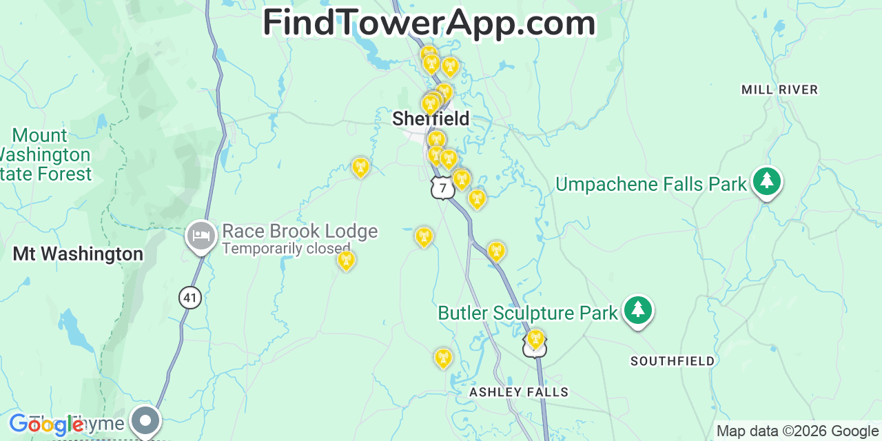 Map showing the 20 primary cell tower locations detected in Sheffield, Massachusetts from AT&T, Verizon, and T-Mobile networks