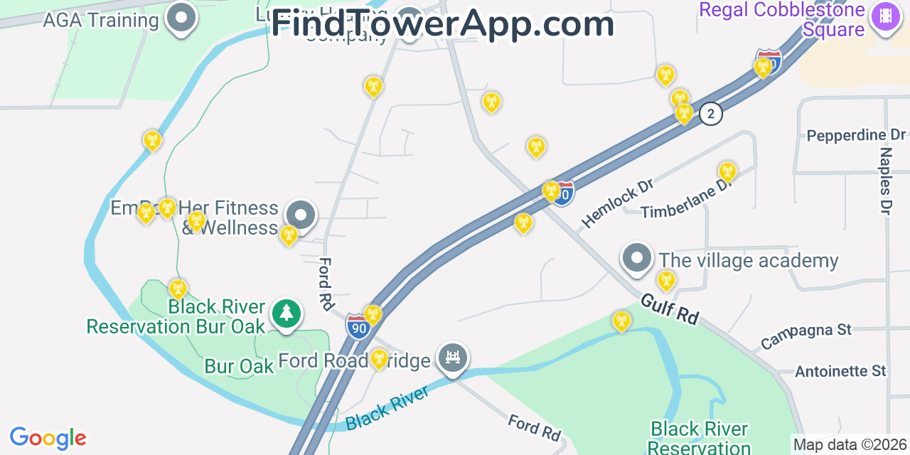 Map showing the 20 primary cell tower locations detected in Sheffield, Ohio from AT&T, Verizon, and T-Mobile networks
