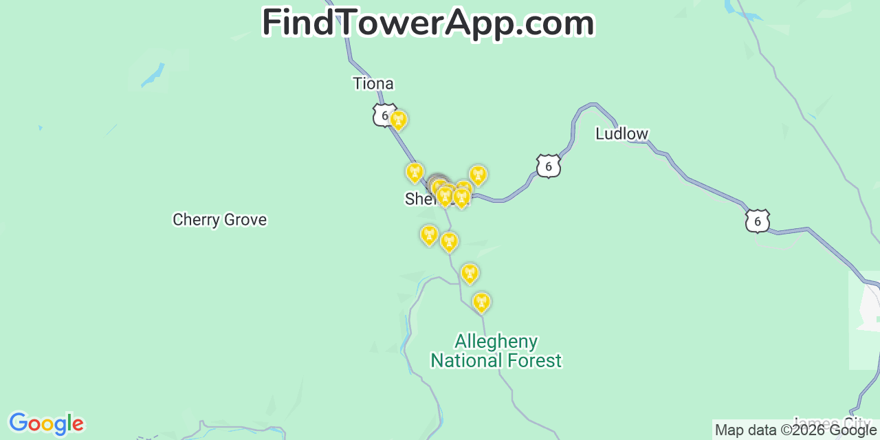 Map showing the 20 primary cell tower locations detected in Sheffield, Pennsylvania from AT&T, Verizon, and T-Mobile networks