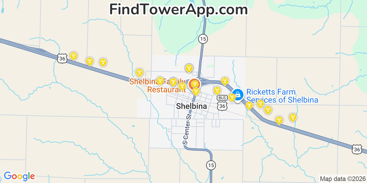 Map showing the 20 primary cell tower locations detected in Shelbina, Missouri from AT&T, Verizon, and T-Mobile networks