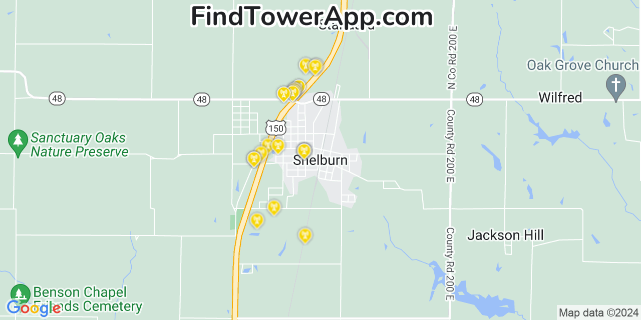 AT&T 4G/5G cell tower coverage map Shelburn, Indiana