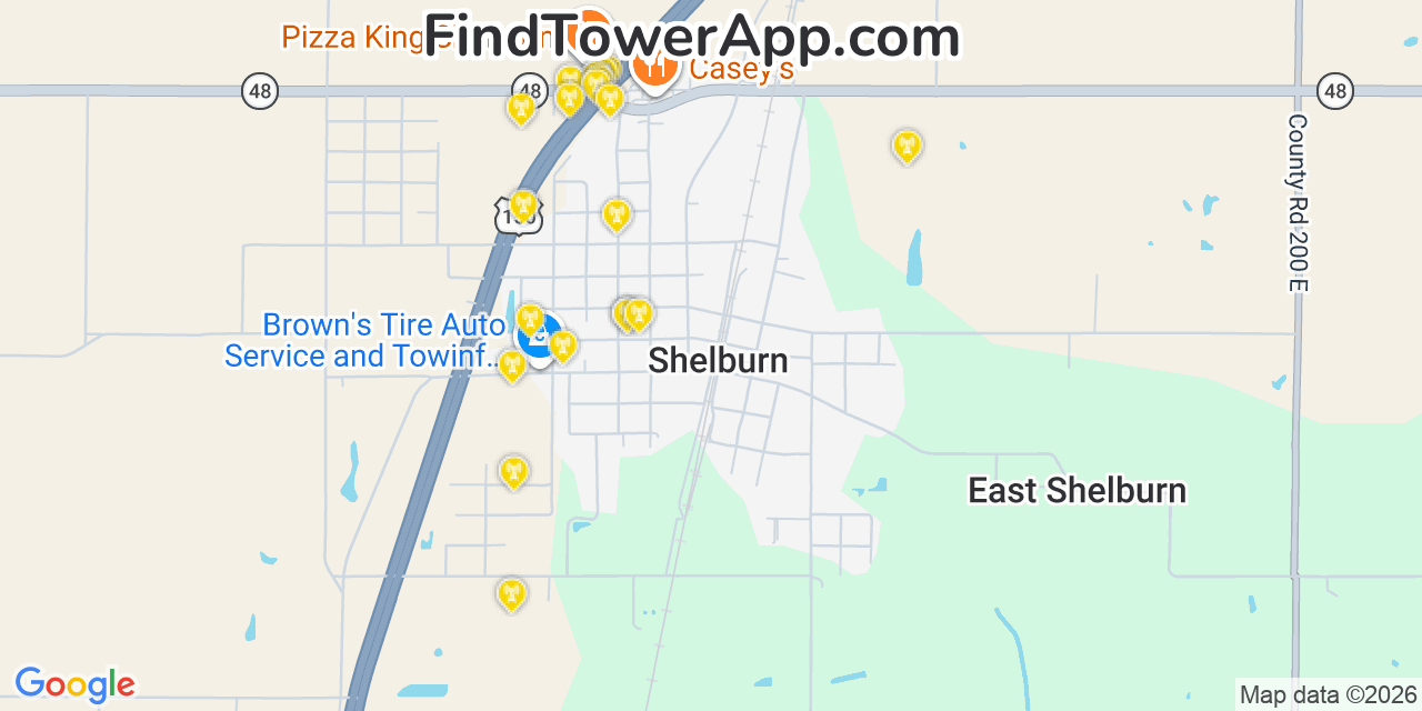 Map showing the 20 primary cell tower locations detected in Shelburn, Indiana from AT&T, Verizon, and T-Mobile networks