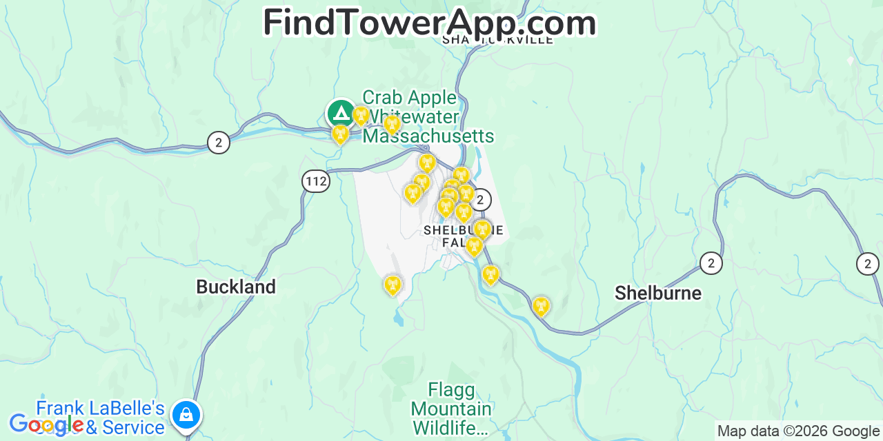 Map showing the 20 primary cell tower locations detected in Shelburne Falls, Massachusetts from AT&T, Verizon, and T-Mobile networks