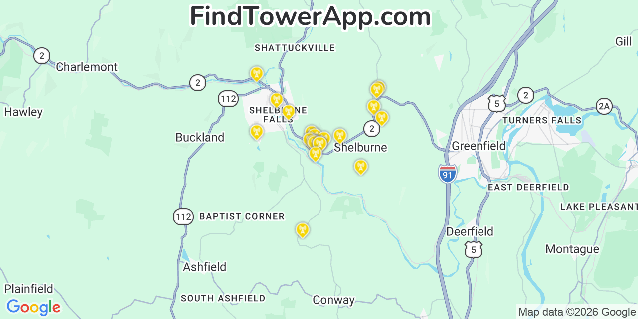 Map showing the 20 primary cell tower locations detected in Shelburne, Massachusetts from AT&T, Verizon, and T-Mobile networks