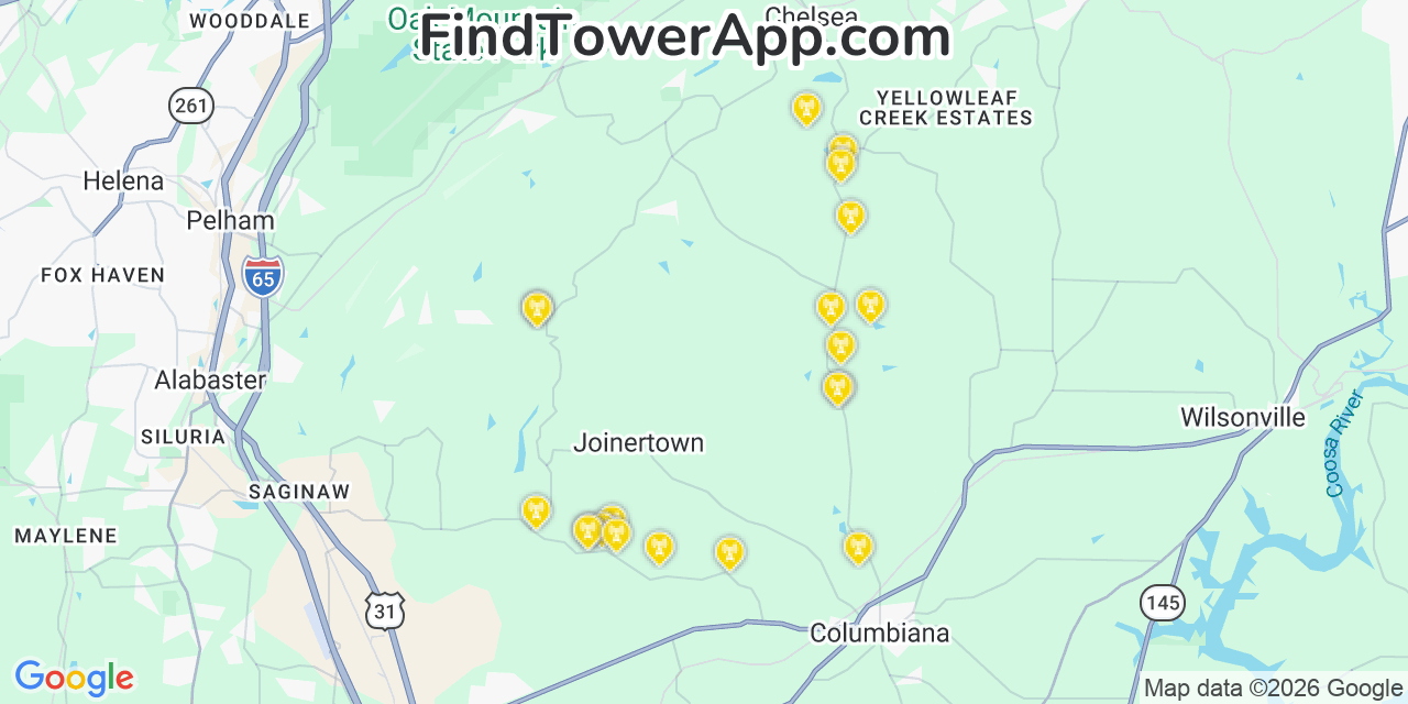 Map showing the 20 primary cell tower locations detected in Shelby, Alabama from AT&T, Verizon, and T-Mobile networks