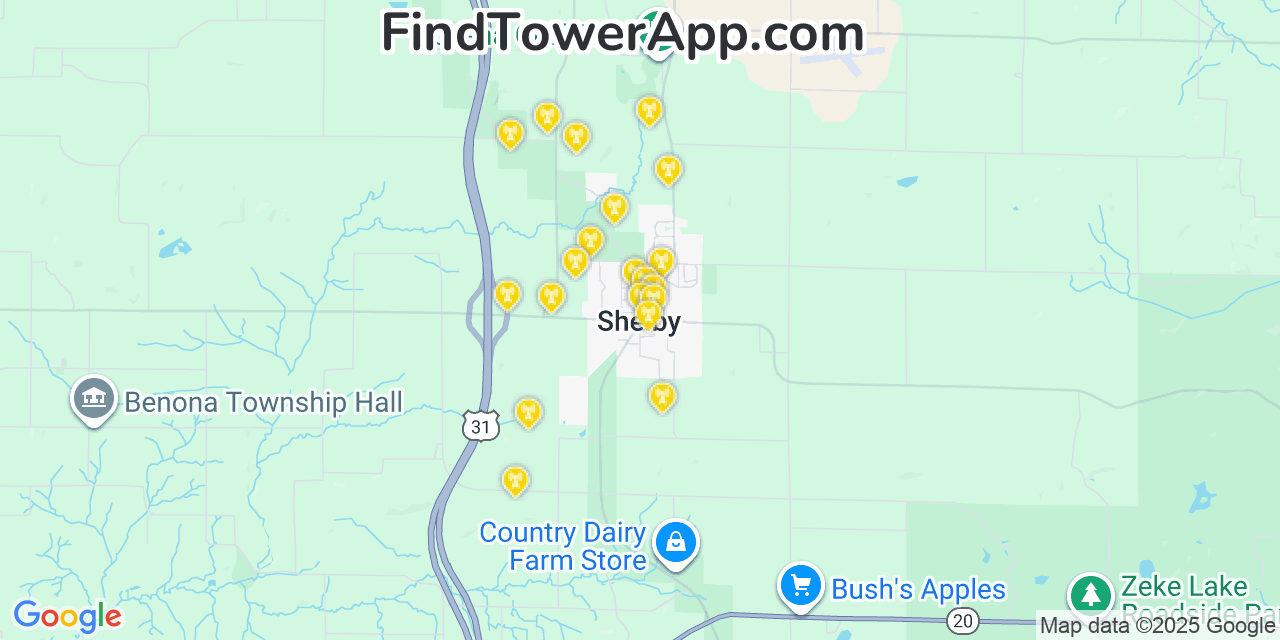 Map showing the 20 primary cell tower locations detected in Shelby, Michigan from AT&T, Verizon, and T-Mobile networks