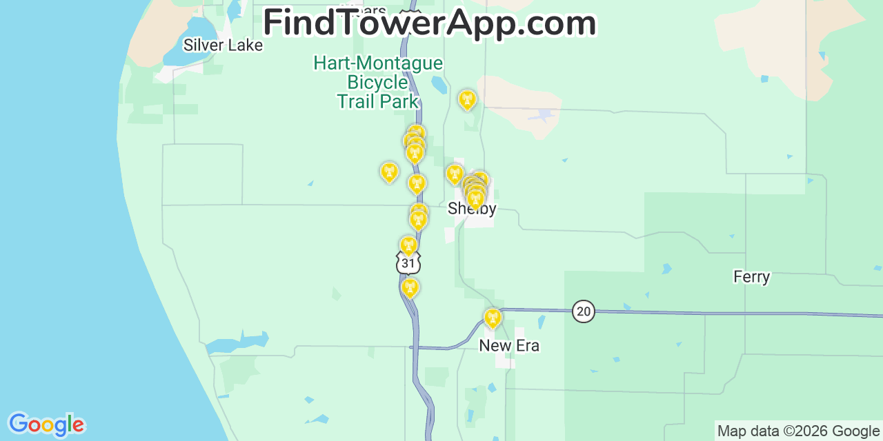 Map showing the 20 primary cell tower locations detected in Shelby, Michigan from AT&T, Verizon, and T-Mobile networks