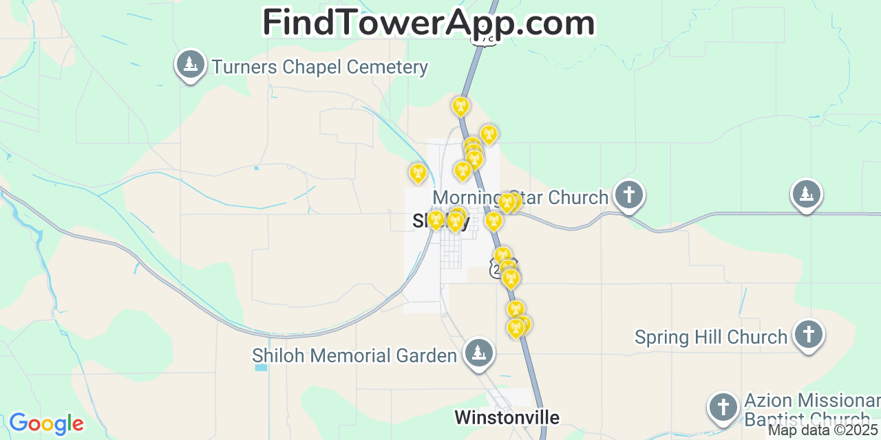 Map showing the 20 primary cell tower locations detected in Shelby, Mississippi from AT&T, Verizon, and T-Mobile networks