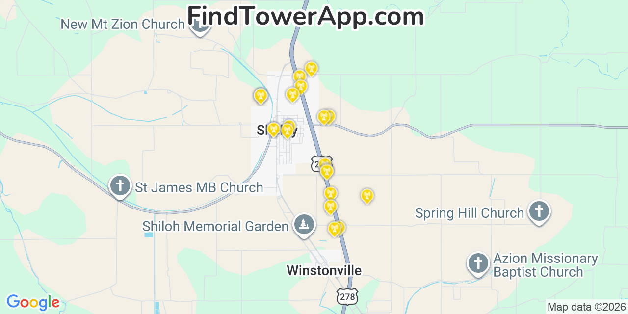 Map showing the 20 primary cell tower locations detected in Shelby, Mississippi from AT&T, Verizon, and T-Mobile networks