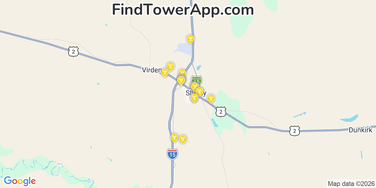 Map showing the 20 primary cell tower locations detected in Shelby, Montana from AT&T, Verizon, and T-Mobile networks