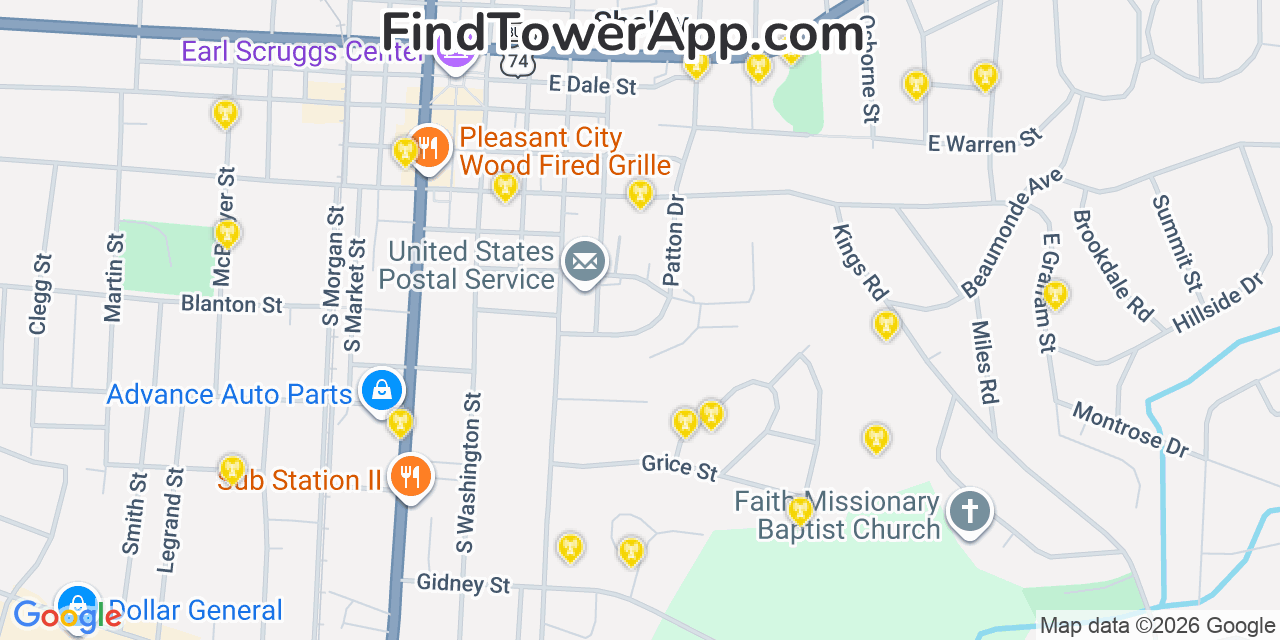 Map showing the 20 primary cell tower locations detected in Shelby, North Carolina from AT&T, Verizon, and T-Mobile networks