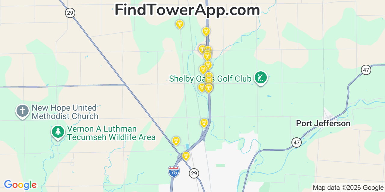 Map showing the 20 primary cell tower locations detected in Shelby, Ohio from AT&T, Verizon, and T-Mobile networks