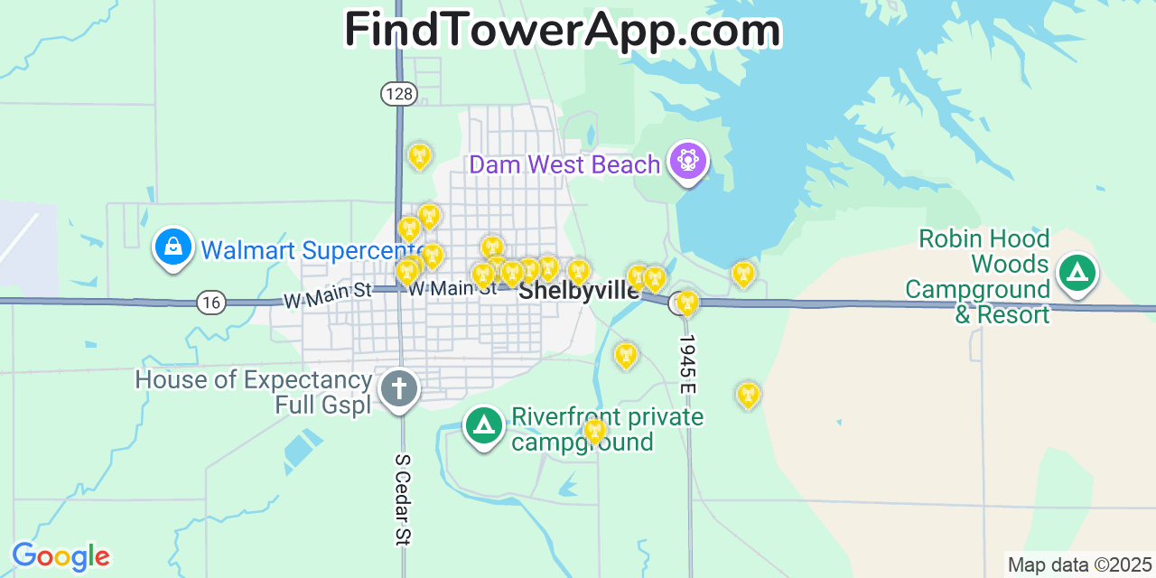 Map showing the 20 primary cell tower locations detected in Shelbyville, Illinois from AT&T, Verizon, and T-Mobile networks