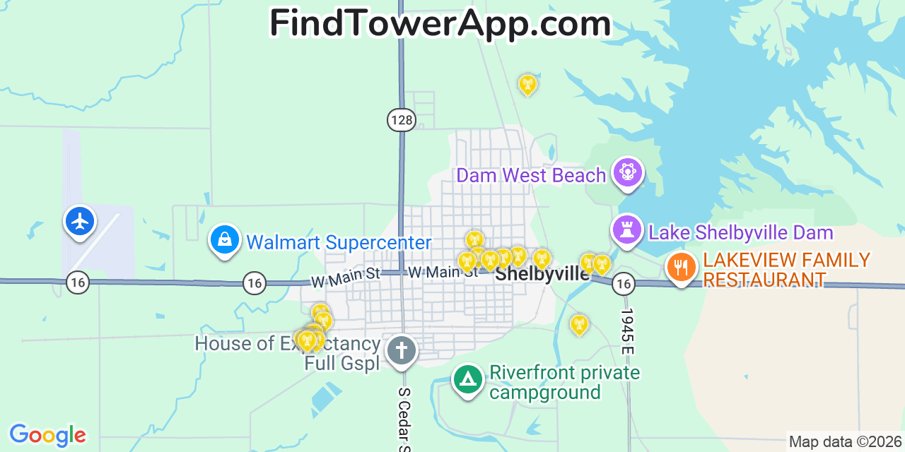 Map showing the 20 primary cell tower locations detected in Shelbyville, Illinois from AT&T, Verizon, and T-Mobile networks